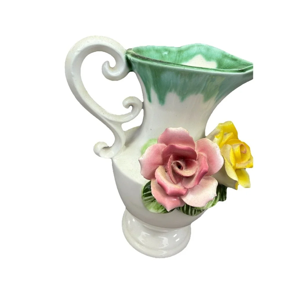 Vintage Wales Japan Ceramic Rose Pitcher Vase Pink Yellow Flowers Green Drip